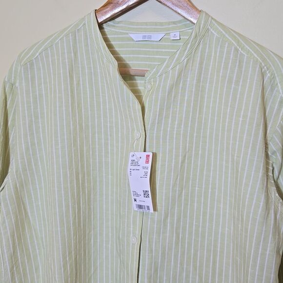 Uniqlo Linen Blend Striped Button Down Shirt Medium 3/4 Sleeve Band Collar Green - Picture 6 of 11